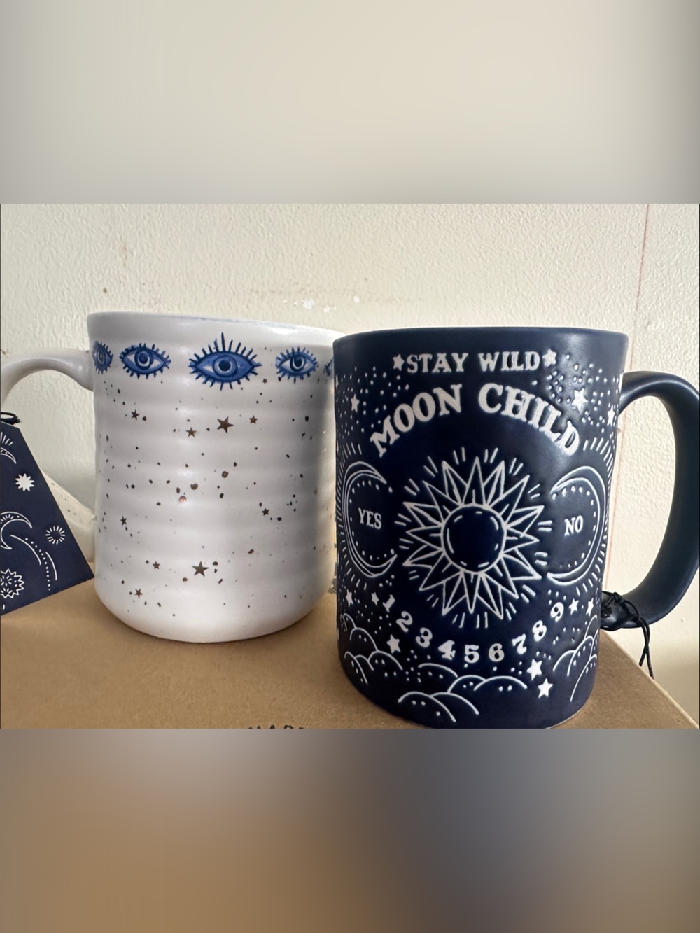 Celestial Moon & Stars Ceramic Mug Duo - Blue and White